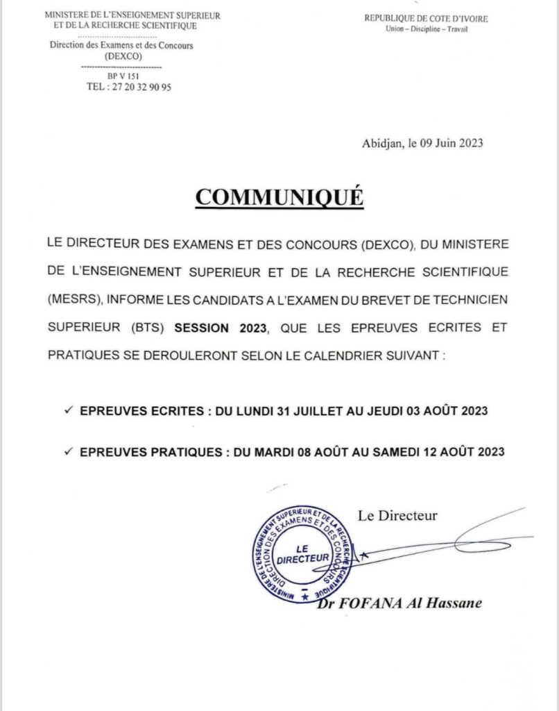 Convocations BTS 2023 en Côte d'Ivoire