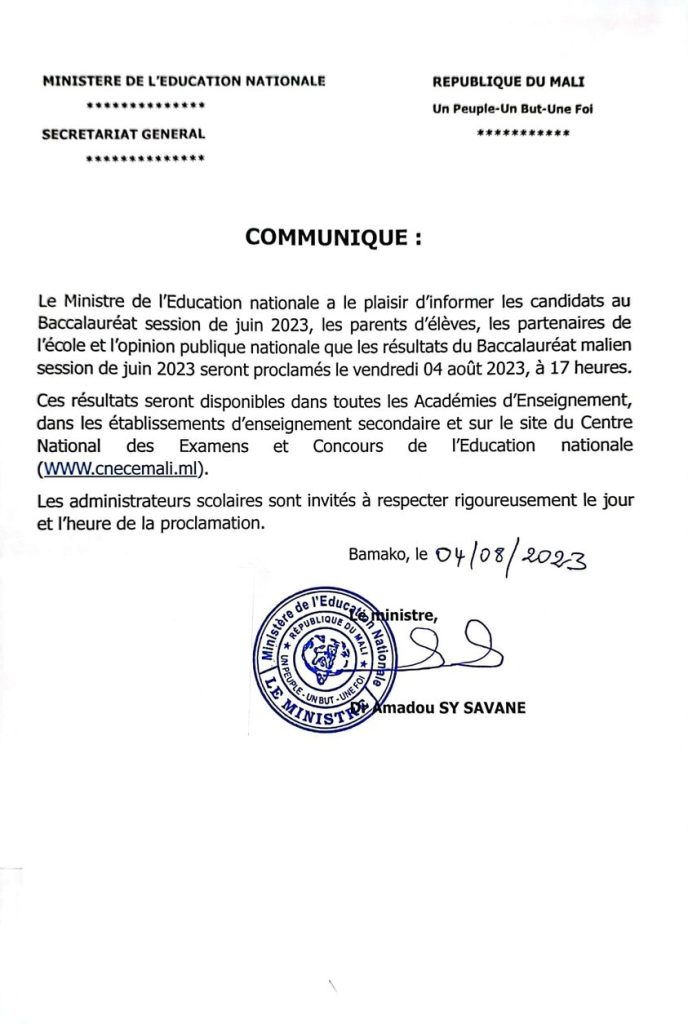 Résultats du BAC Mali 2023: Consulter la liste des admis PDF sur cnecemali.ml