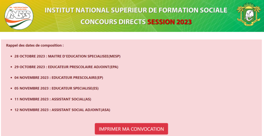 Retrait Convocation Institut National de Formation Sociale (INFS) 2023 en Côte d'Ivoire sur www.infs.laatech.net & Rappel des dates de composition
