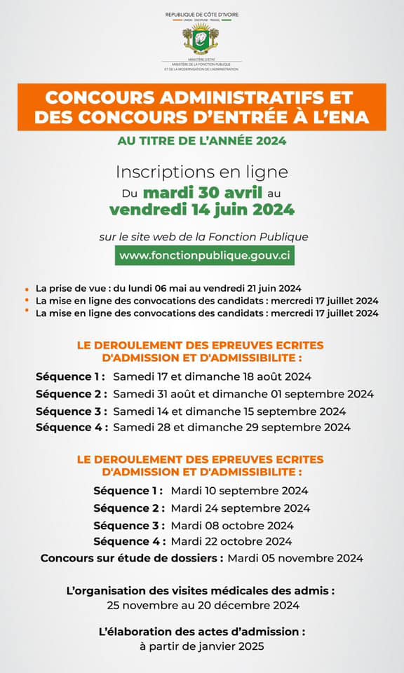 Calendrier des Concours Administratifs 2024 et ENA 2025 en Côte d'Ivoire